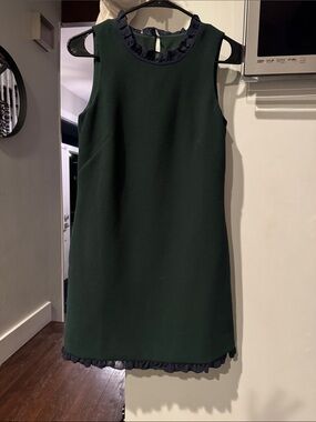 J. Crew Forest Green Sleeveless Shift Dress with Navy Ruffle Trim